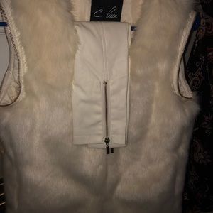White leather, and fur long sleeve jacket